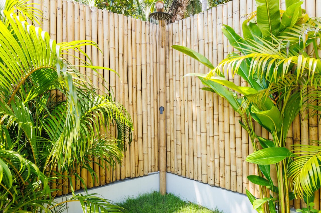 Outdoor rain shower tucked into tropical palms and natural bamboo